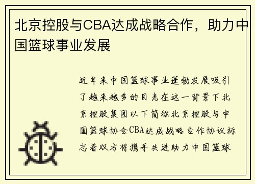 北京控股与CBA达成战略合作，助力中国篮球事业发展