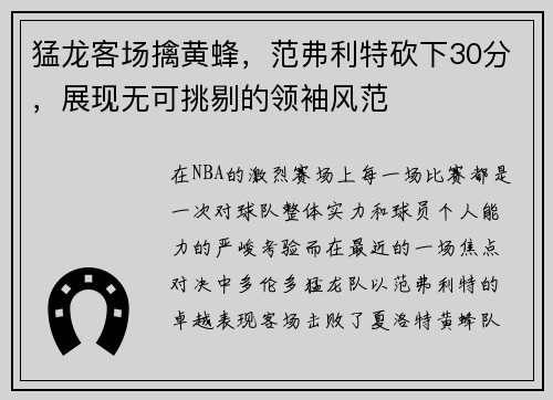 猛龙客场擒黄蜂，范弗利特砍下30分，展现无可挑剔的领袖风范