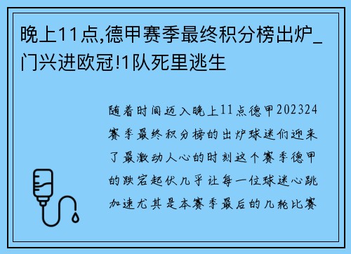 晚上11点,德甲赛季最终积分榜出炉_门兴进欧冠!1队死里逃生
