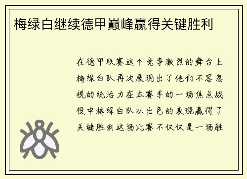 梅绿白继续德甲巅峰赢得关键胜利