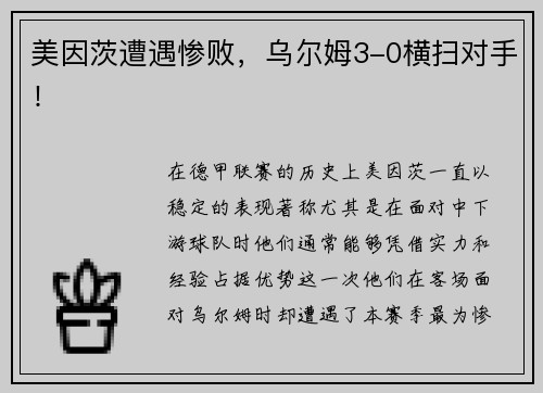 美因茨遭遇惨败，乌尔姆3-0横扫对手！